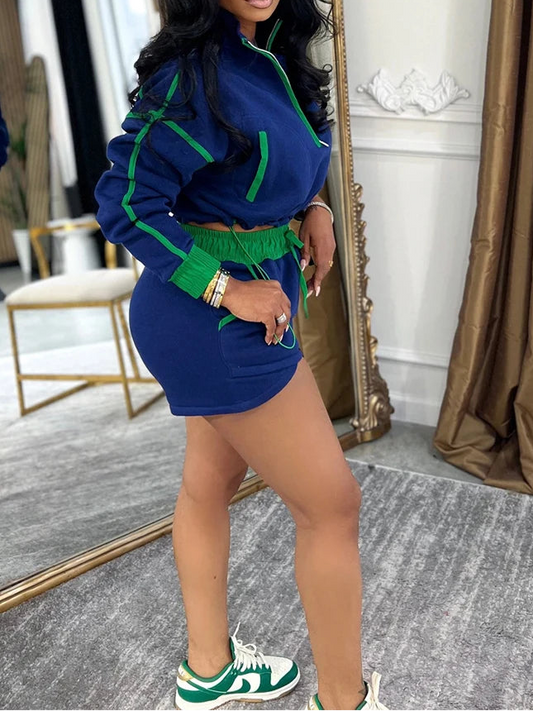 Casual Contrast Color Two Piece Shorts Set Women Quarter Zip and Drawstring Set