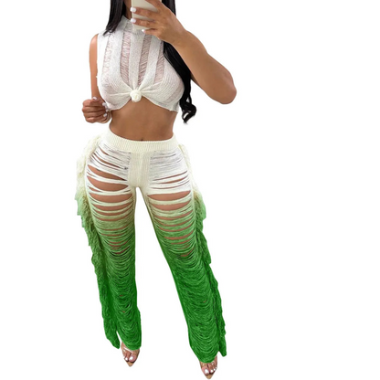 Two Piece Pant Sets Women Sexy Tanks Sleeveless Spliced Hollow Out Beach Vacation Outfit