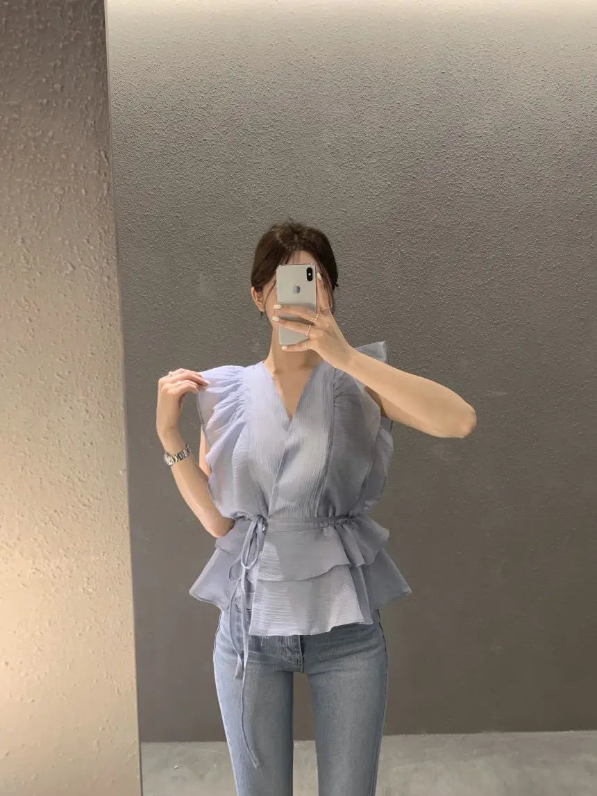 Lace Up Top Ruffled V-neck Sleeveless Shirts Blouse for Women