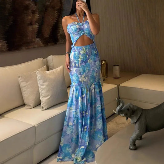 High Waist Hollow Dress Women Lace-Off Printed Sling Long Floor Maxi Dress