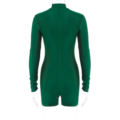 Solid Turtleneck Playsuit Romper Long Sleeve Zip Up Sexy Slim Skinny One Piece Playsuit Party Romper