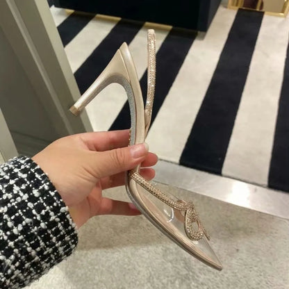 Clear Rhinestone High Heels Women's Thin Heels Pointed Sandals Transparent Buckle Shoes