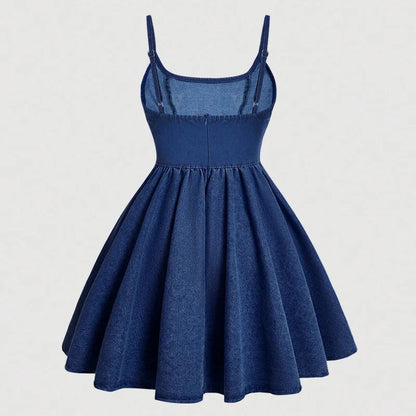 Women Denim Mini Dresses A Line Sling Stretchy Y2k Causal Denim Dress