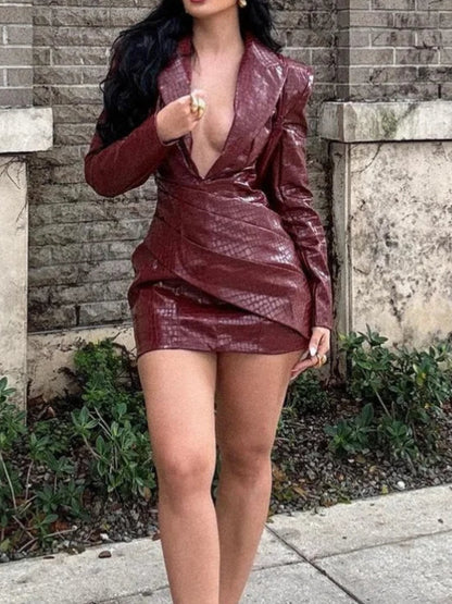 Women Sexy Deep V Red Lattice Leather Mini Dress
