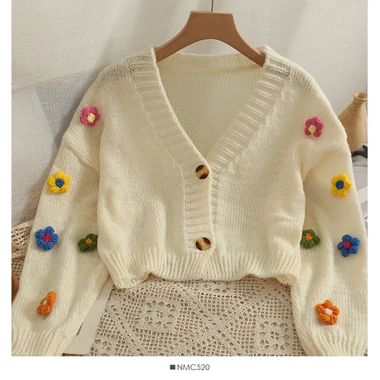 Colorful Flower Cardigan for Women Cute Long Sleeve V-neck Knit Crop Sweater