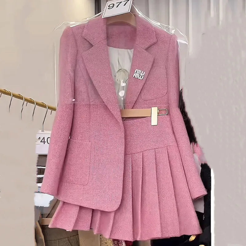Women two-piece skirt set spliced high-end suit top + pleated skirt set