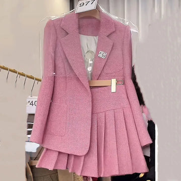 Women two-piece skirt set spliced high-end suit top + pleated skirt set