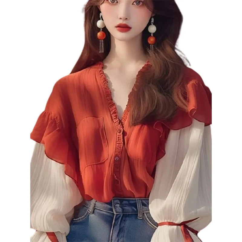 Chiffon Vintage Women's Shirts Patchwork Women Shirts Loose Long Sleeves Blouse