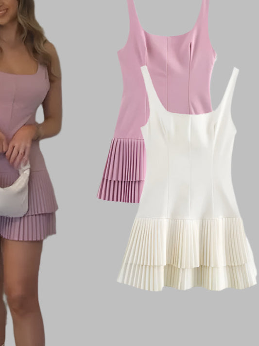 Women Summer Square Collar Sleeveless Solid Mini Dress Woman Chic High Street Slim Short Dress Pleated Dress