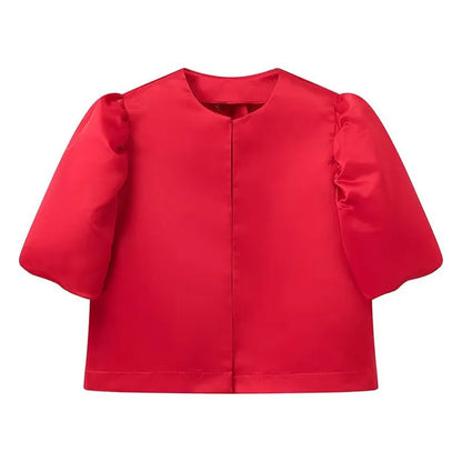 Solid Satin Women's Blouse Top With Pouf Balloon Sleeve O Neck Loose Blouses