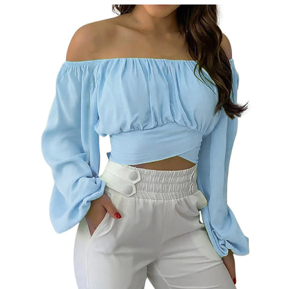 Women Sexy Off Shoulder Print Blouses Chic and Elegant Lantern Long Sleeve Cropped Top