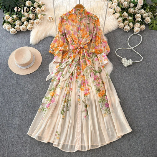 French Style Midi Dress Femme Robe Stand Collar Lantern Sleeve Slim Fit High Waist Dress