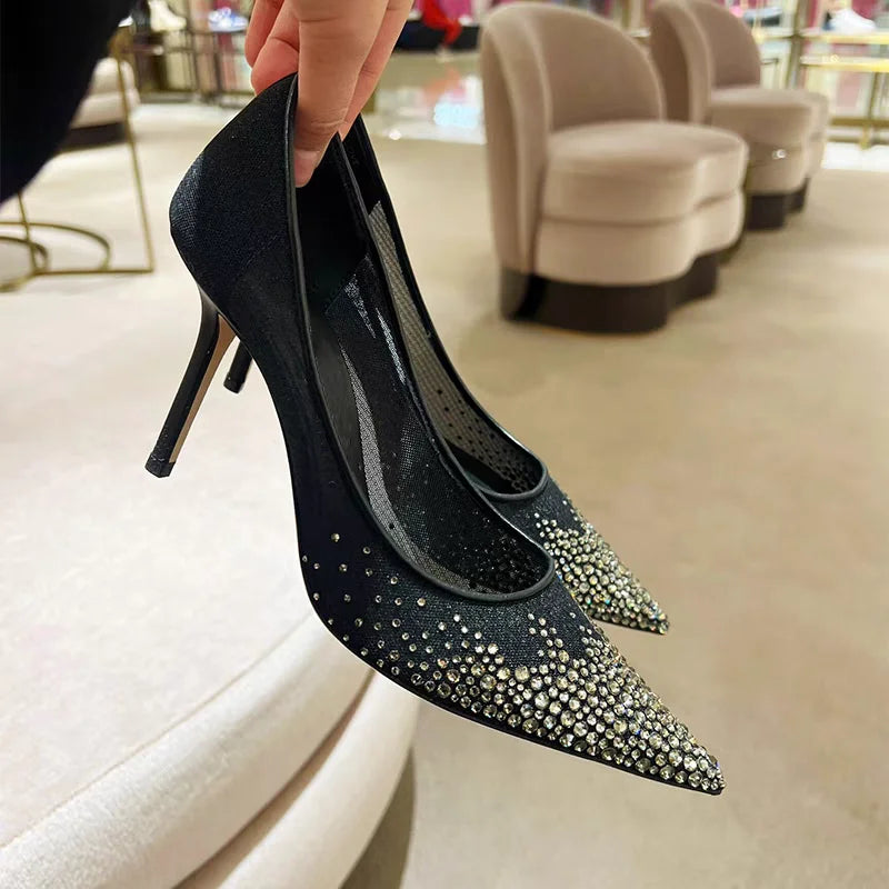 Mesh Pointed Shallow Mouth Sexy Pump Heels Stiletto Shoes Bridal Shoes