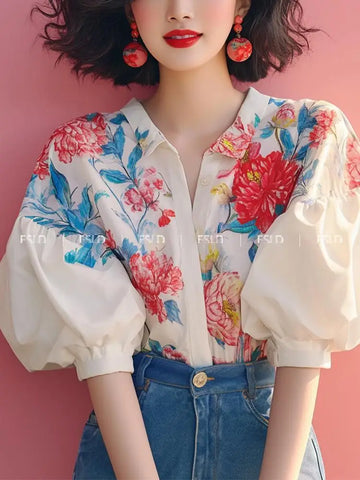 Flower Print Shirt Women French Temperament Lapel Puff Sleeve Button Blouse