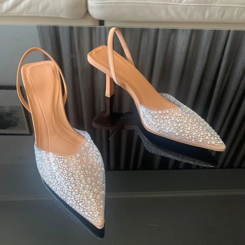 Women High Heels Pearl Decoration Slingback Pumps Pointed Toe High Heels