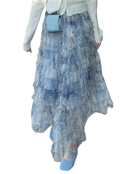 Elegant Floral Lace Maxi Skirt with High Waistband and Flowy Layers Skirt