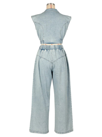Elegant Denim Women Sleeveless Zipper Crop Top and Wide Leg Pants Two Piece Set