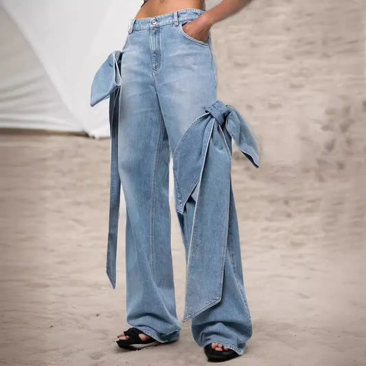 Jeans Women Bow Denim Wide Leg Floor Length Pant Y2k Mom Jeans