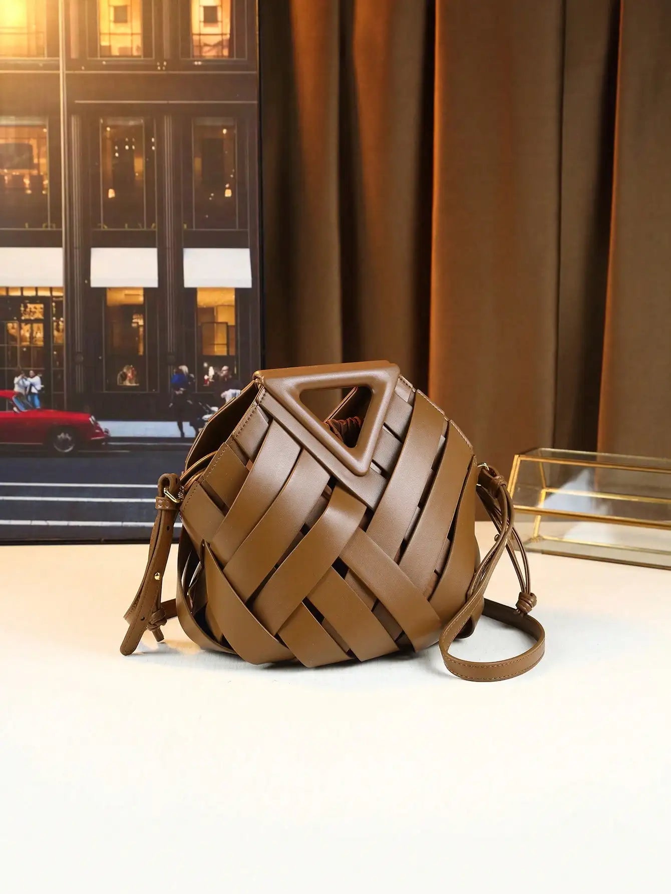 Woven Design Women Handbag, Tote Basket Bag, High-End Inverted Triangle Shaped Handbag