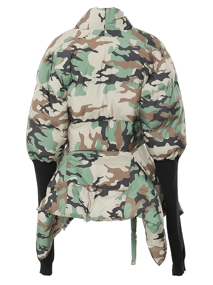 Women's Cotton-padded Coat Belt Irregular Waist Camouflage Knitted Sleeve Parkas Jackets Winter Jackets