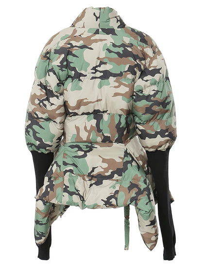 Women's Cotton-padded Coat Belt Irregular Waist Camouflage Knitted Sleeve Parkas Jackets Winter Jackets
