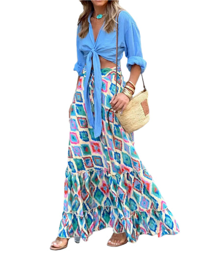 Bohemian Style Printed A-line Skirt Women Fashion Beach Vacation Loose Drawstring Ruffles Skirts Female  Summer New Streetwear