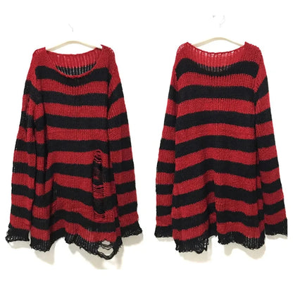 Punk Gothic Long Sweater Women Striped Broken Jumper