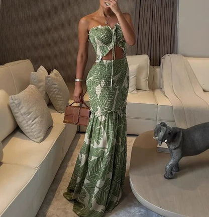 High Waist Hollow Dress Women Lace-Off Printed Sling Long Floor Maxi Dress
