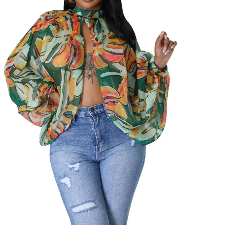 Womens Chiffon Blouse Sexy See Through Lantern Sleeve Front Back Open High Neck Blouses Tops