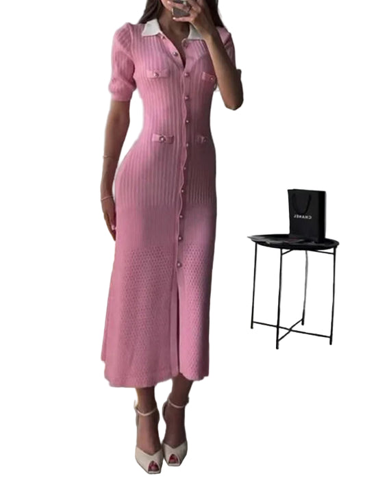 Women Knitted Dress Half Sleeve Lapel Female Maxi Sweater Dress