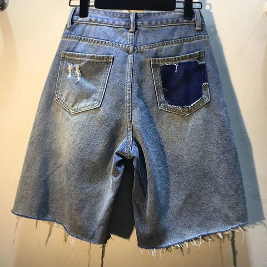 Diamond Beaded Denim Knee Length Shorts Summer Loose High Waist Shorts