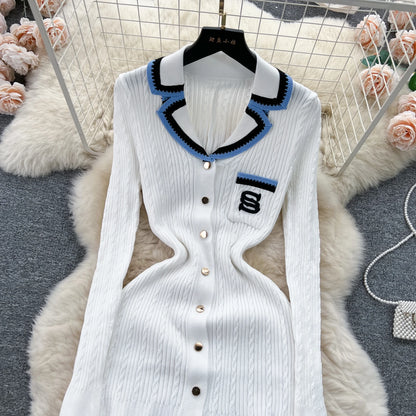 Women Polo Dress Single Breasted Pocket Design Bodycon Knitted Dress Sweater Midi Dress