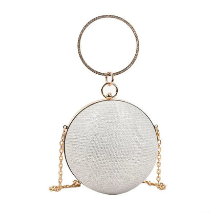 Gold Bright Silk Circular Evening Bag Women Banquet Clutch Rhinestone Chain Shoulder Bags