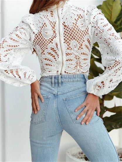Women Elegant Lace Blouse Shirts Summer Puff Long Sleeve Top Blouse for Female