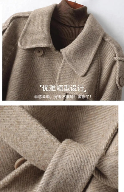 Woolen Coat New British style POLO collar Lace up Double breasted Coat