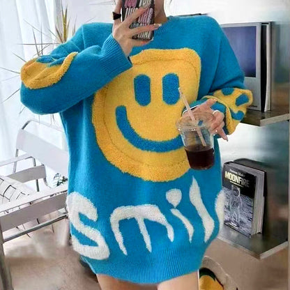 Thickened Versatile Smiling Face Pink Sweater Warm Christmas Sweater