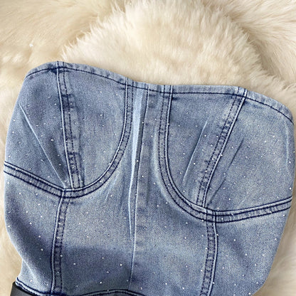 Women Denim One Pieces Summer Playsuit High Waist Slim Sleeveless Strapless Sashes Outfits