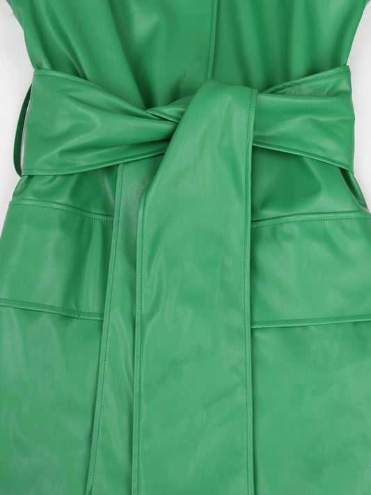 Nerazzurri Autumn Extra Long Soft Green Pu Leather Trench Coat for Women Sashes Pockets Single Breasted Designer Fashion 2023