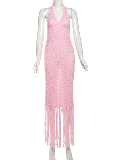Sexy Deep V Neck Halter Tassel Women Knitted Long Bodycon Dress Maxi Dress