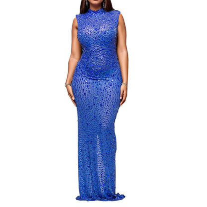 Cocktail Dress Diamonds Hot Rhinestones O-neck Women Sleeveless Bodycon Maxi Dress