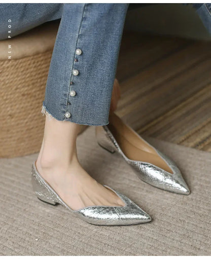 French Pointed Leather Shoe Simple Comfort Sheepskin Elegant Low Heel Shoes