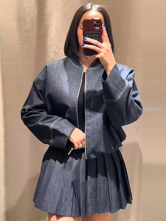Denim Jacket Mini Skirt Women 2 Piece Set Stand Collar Zipper Long Sleeve Pocket Coat A-line Skirts