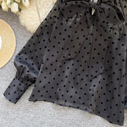Vintage Polka Dot Tops Puff Sleeve Bow Lace Up Design Blouse