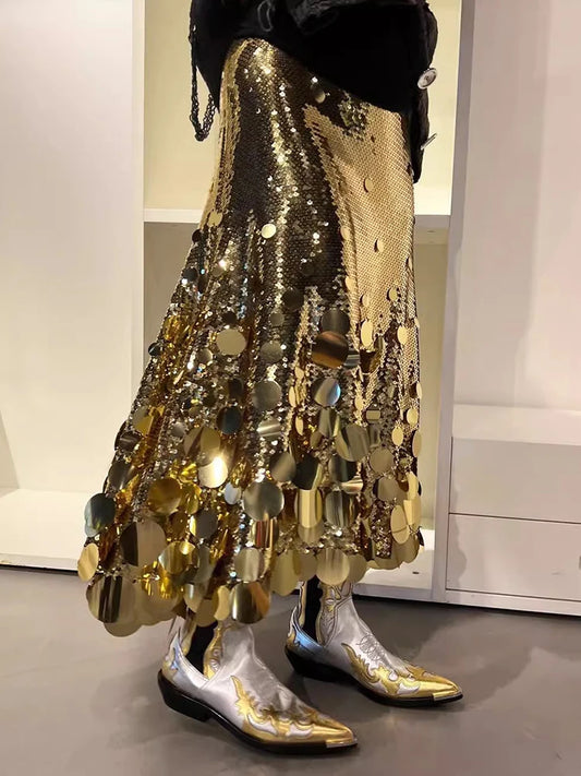 Solid Patchwork Sequins Chic Skirts For Women High Waist Zipper A Line Skirts