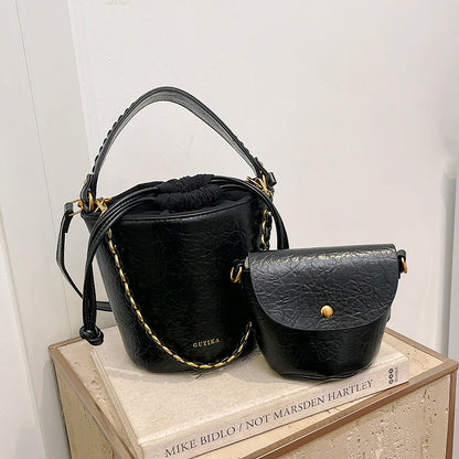 Retro Bucket Crossbody Bags For Women Oil-waxed Leather 2-IN-1 Chain Shoulder Bag