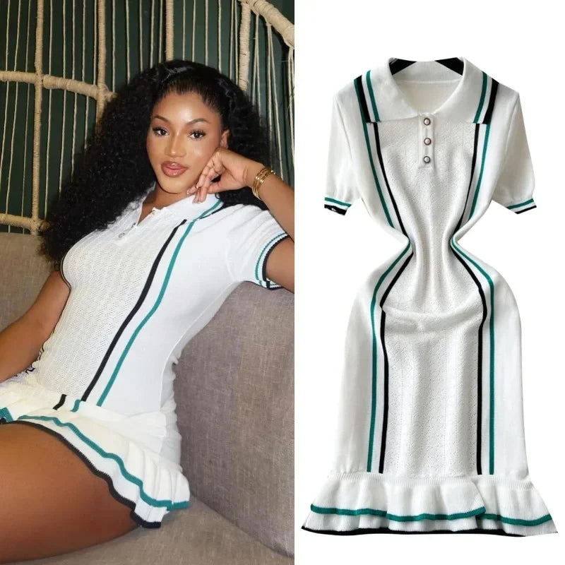 YuooMuoo Chic Fashion Sexy Wrap Hips Knitted Mini Dress 2025 Ins Hot Y2K Women Patchwork Ruffled Bodycon Summer Dress Streetwear