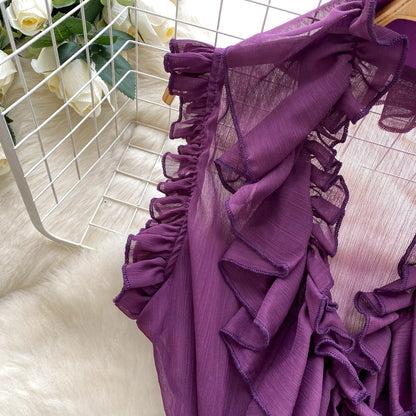Sweet Ruffles Chiffon Blouses Women Sleeveless V Neck Retro Lace Up Blouse