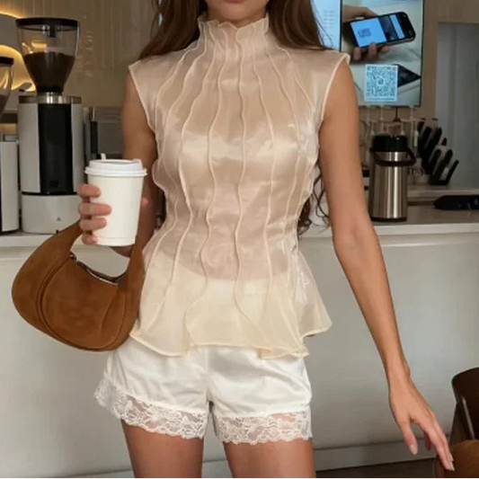 Beige Pleated Satin Sleeveless Blouse Women High Neck Ruched Peplum Tops 2026 Summer Office Commute Casual Date Street Vest