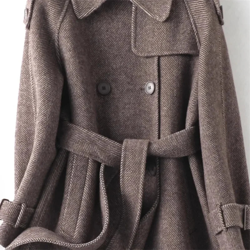 Woolen Coat New British style POLO collar Lace up Double breasted Coat