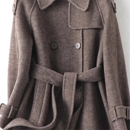 Woolen Coat New British style POLO collar Lace up Double breasted Coat